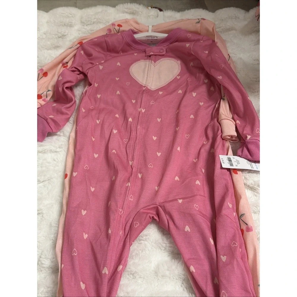 Toddler Girls' Carter's 2-Pack Pink Heart & Cherry Footie Pajamas Size 3T NWT